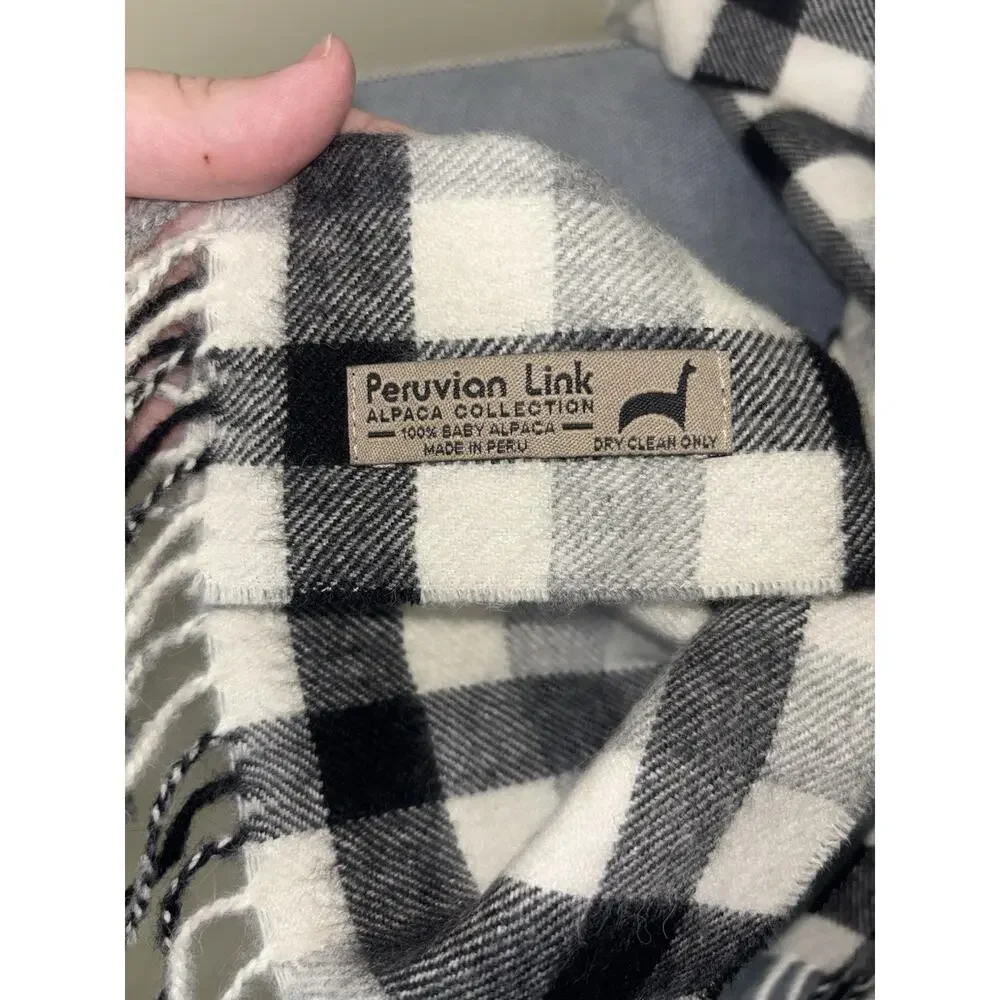 Peruvian Link 100% Baby Alpaca Gray White Plaid Fringe Scarf